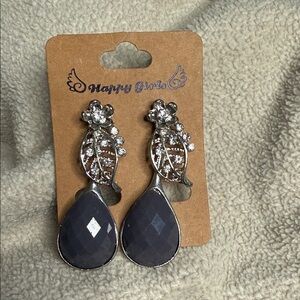 Silver Floral Drop Earrings with Gray Teardrop Stones by